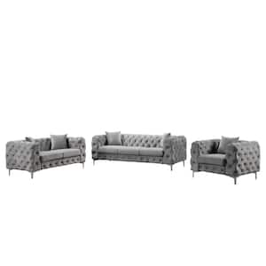 Contemporary 3-Piece of Chair Loveseat and Sofa Set with Deep Button Tufting Dutch Velvet Top in Gray