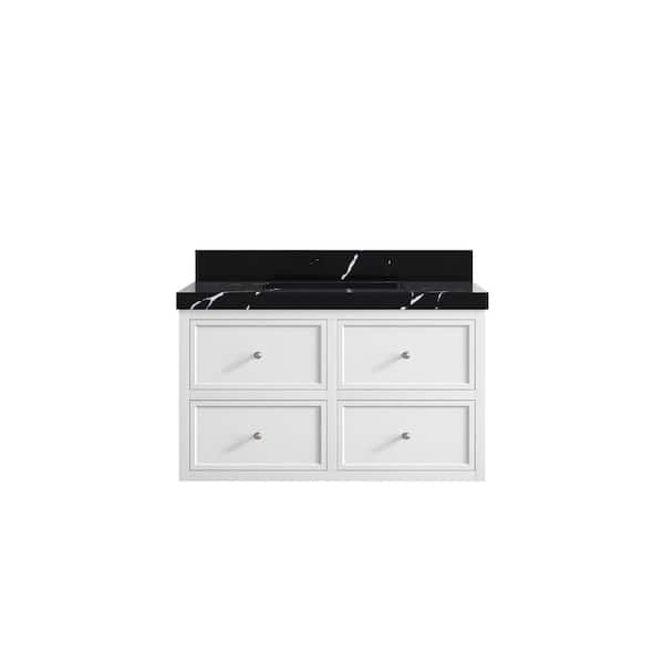 Willow Collections Roswell Floating 36 in. Single Sink Freestanding White Bath Vanity with Calacatta Black Qt. Top Unassembled