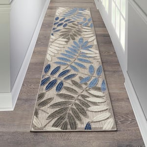 Aloha Gray/Blue 2 ft. x 10 ft. Kitchen Runner Floral Contemporary Indoor/Outdoor Patio Area Rug