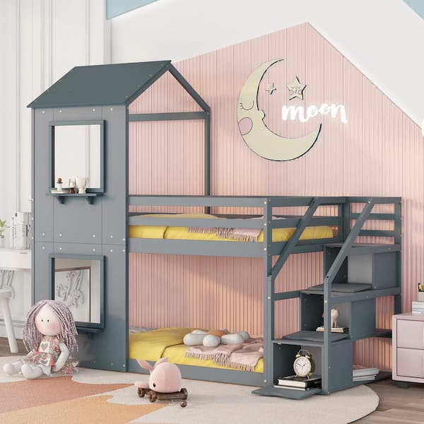 Harper & Bright Designs Gray Twin Over Twin Wood Bunk Bed With Roof, Window and Storage Stairs