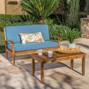 2 -Piece Teak Outdoor Loveseat And Coffee Table with Blue Cushion