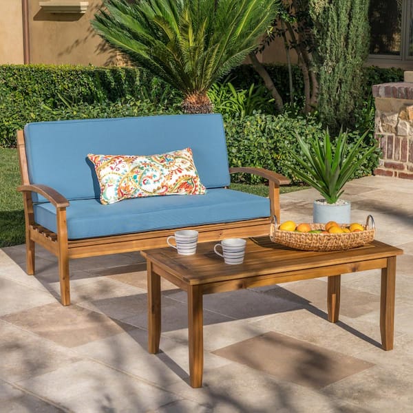 Unbranded 2 -Piece Teak Outdoor Loveseat And Coffee Table with Blue Cushion