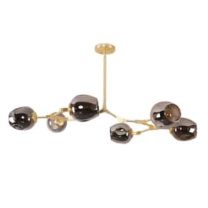 6-Light Smoky Grey Modern Linear Chandelier with Gold Adjustable Arms and Glass Shades