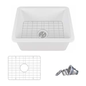 Glen White Rectangular Fireclay 24 in. Single Bowl Undermount/Drop-In Kitchen Sink with Basket Strainer and Sink Grid