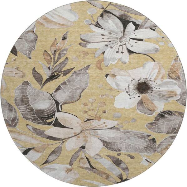 Mayfield Premium Machine Washable Abstract AMF2260 Gold 8 ft. x 8 ft. Round Rug