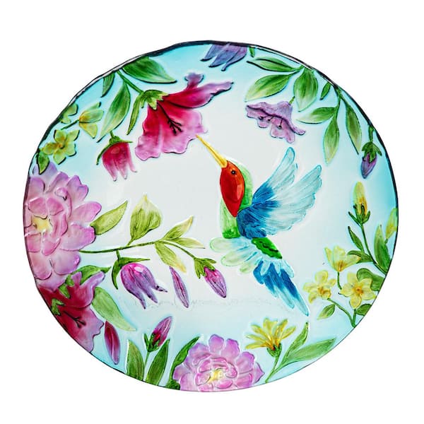 18 in. Dia Multi-Color Glass Birdbath Bowl with Hummingbird Design