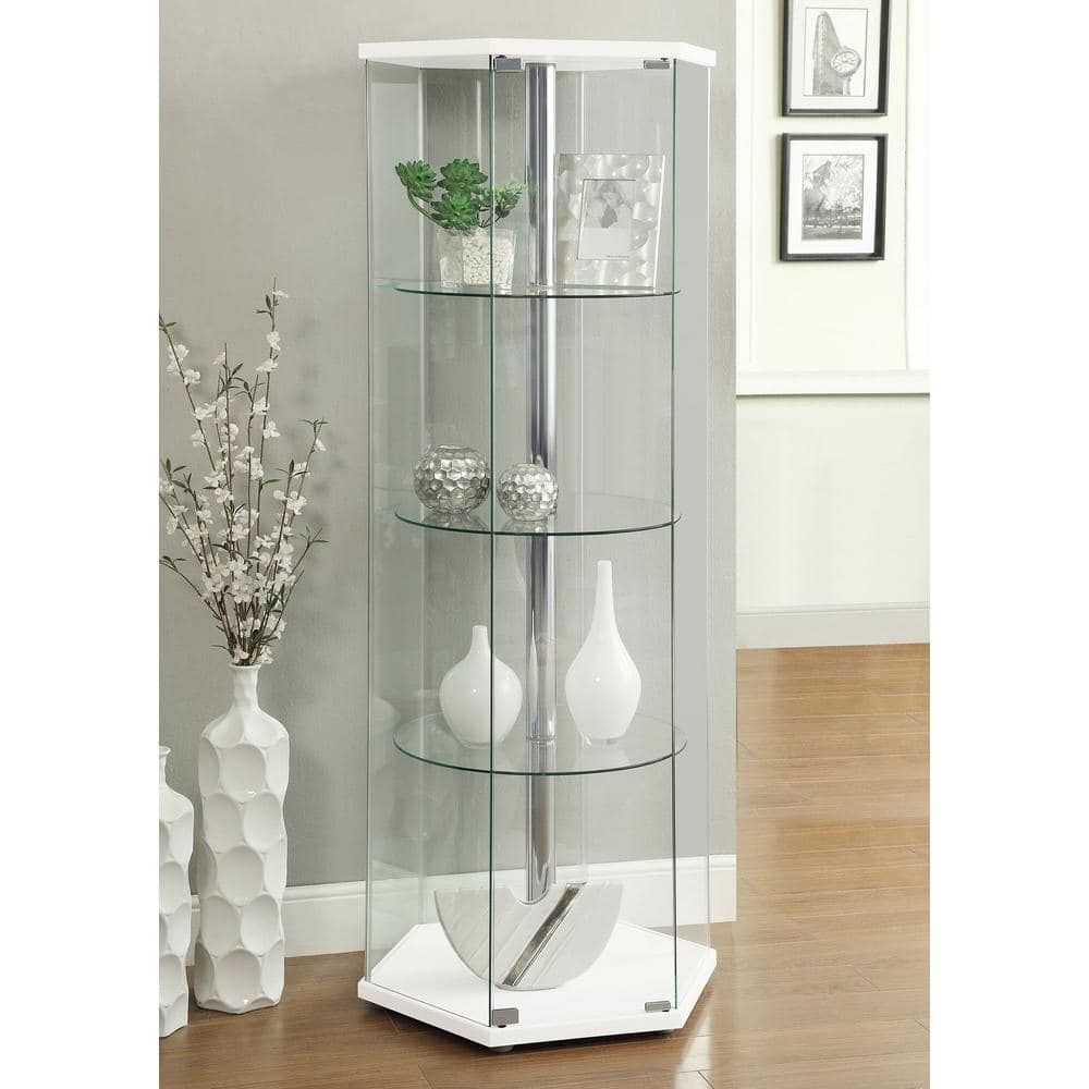 Contemporary White Hexagon 3-Shelf Glass Curio Cabinet