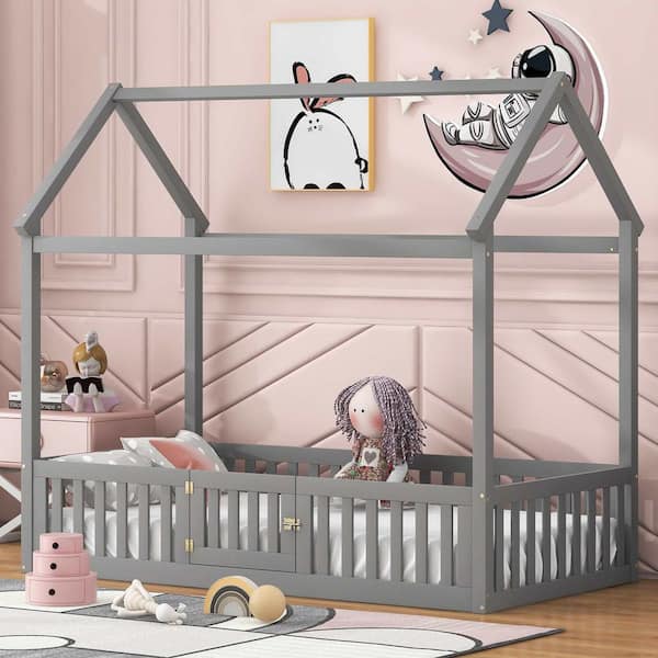 Gray Wood Frame Twin Size Platform Bed with Fence and Door