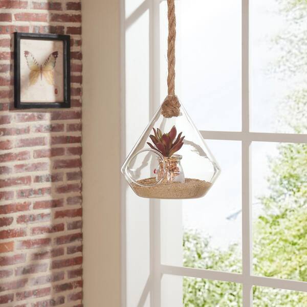 DANYA B 8 in. Diamond Shape Clear Glass Hanging Planter with Rope Decorative Vase