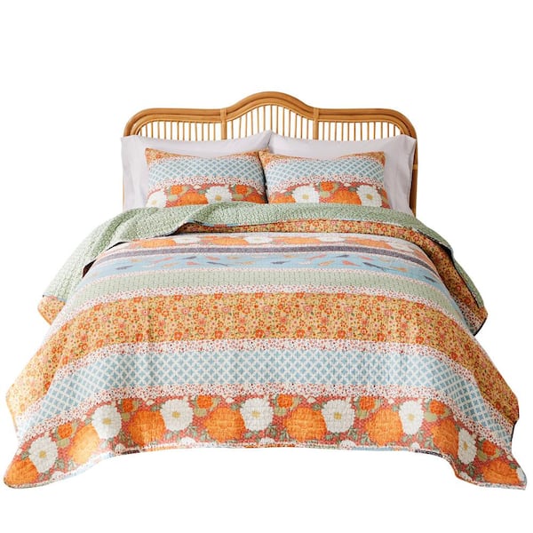 Greenland Home Fashions Carlie Contemporary Floral Calico Stripe 3-Pcs Cotton Blend King/Cal King Quilt Set