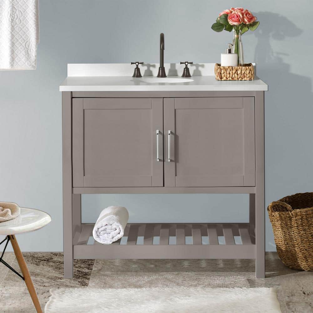 Gray Pine Freestanding Vanity Cabinet with Open Shelf