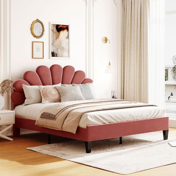 Bean Paste Red Wood Frame Queen Upholstered Platform Bed with Flower Pattern Velvet Headboard