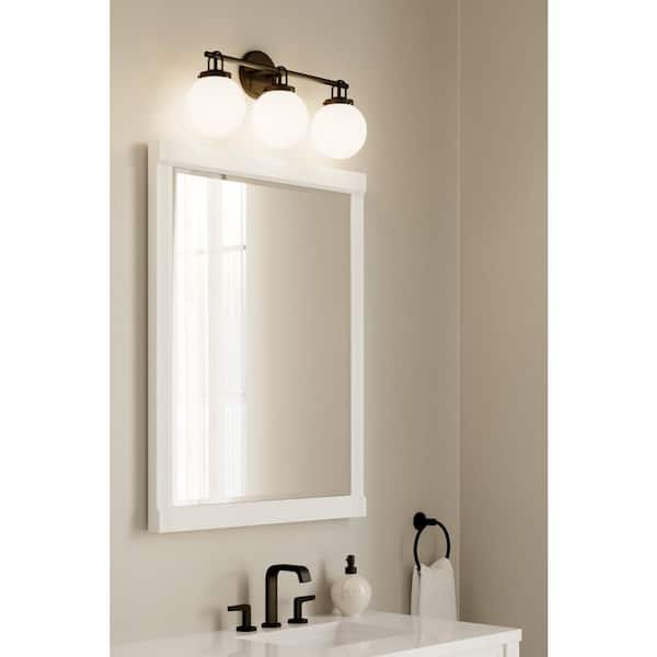 Ortesa in. 3-Light Dark Matte Black Vanity Light with Etched White Glass Shades