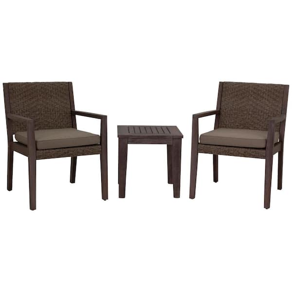 Bridgeport II 3-Piece Wood Square Bar Height Outdoor Bistro Set with Sunbrella Beige Cushions