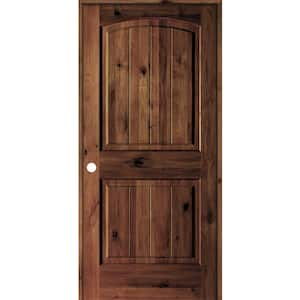 24 in. x 80 in. Knotty Alder 2 Panel Right-Hand Arch V-Groove Red Mahogany Stain Wood Single Prehung Interior Door