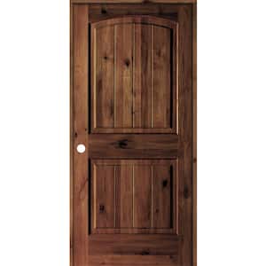 32 in. x 80 in. Knotty Alder 2 Panel Right-Hand Arch V-Groove Red Mahogany Stain Wood Single Prehung Interior Door