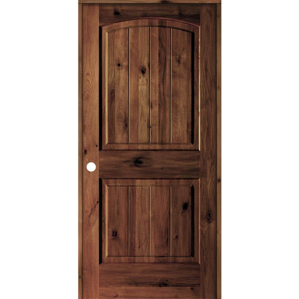 36 in. x 80 in. Knotty Alder 2 Panel Right-Hand Arch V-Groove Red Mahogany 