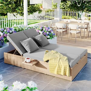 2 Person Wicker Outdoor Patio Chaise Lounge Sunbed with Adjustable Backrest, Gray Cushions Seat for Garden, PatioPool