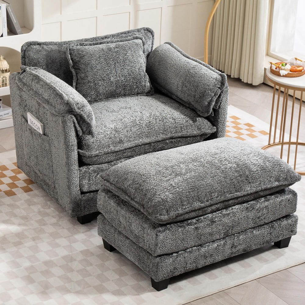 Declan 39.8 in. Dark Grey Rectangle Boucle Upholstered Accent Armchair with Large Seat and Ottoman for Living Room