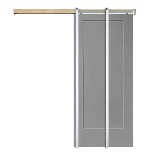 CALHOME 36 in. x 80 in. Light Gray Painted Composite MDF 1Panel Interior Sliding Door with Pocket Door Frame and Hardware Kit
