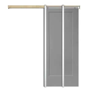 30 in. x 80 in. Light Gray Painted Composite MDF 1Panel Interior Sliding Door with Pocket Door Frame and Hardware Kit