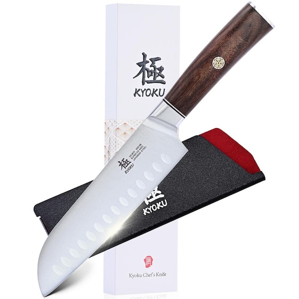 KYOKU Daimyo Series 7 in. 440C Stainless Steel Full Tang Flat Edge Santoku Knife Ergonomic Rosewood Handle and Mosaic Pin