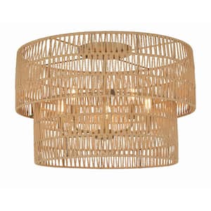 Bungalow Heaven 26 in. 5-Light Soft Brass Caged Flush Mount with Papyrus Rope Shade and No Bulbs Included (1-Pack)