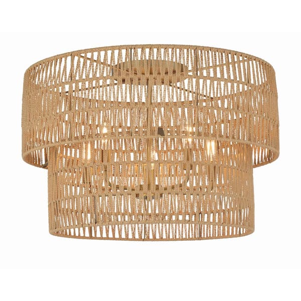 Minka Lavery Bungalow Heaven 26 in. 5-Light Soft Brass Caged Flush Mount with Papyrus Rope Shade and No Bulbs Included (1-Pack)