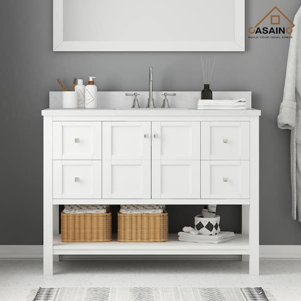 CASAINC 48 in. W x 22 in. D x 35.4 in. H Single Sink Solid Wood Bath Vanity in White with White Natural Marble Top and Basin