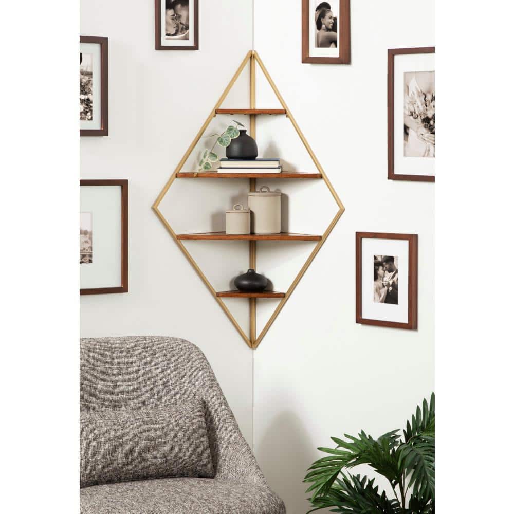Walnut Brown Floating Corner Shelf with Gold Frame