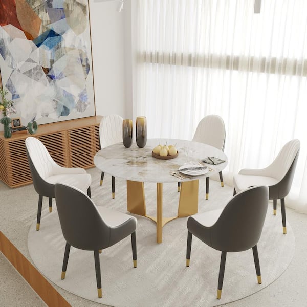 Pandora Glossy Sintered Stone 53 in. Pedestal Round Dining Table with Titanium Stainless Steel Base Seats 6