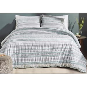 Diana Stripe 3-Piece Aqua Queen Striped Design 100% Cotton Comforter Set