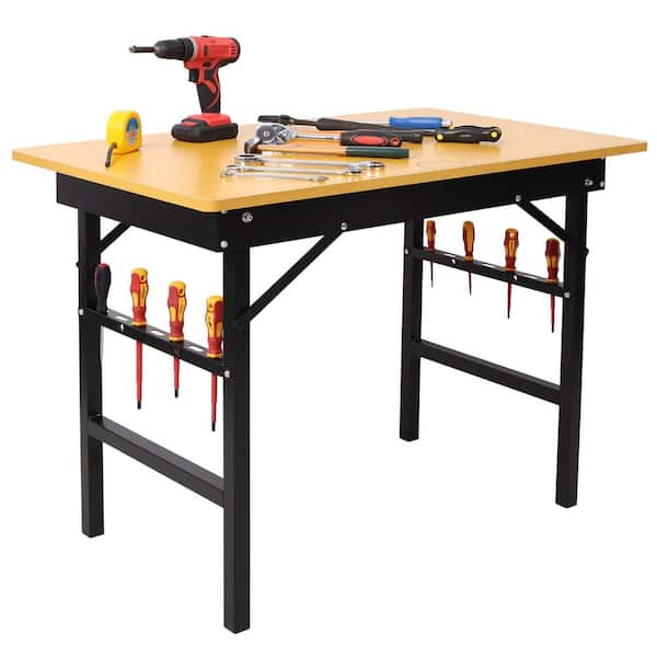 39 in. W x 23.6 in. D Portable Folding Wood Black Workbench Table with Handle, Measuring Tape and Angle Finder