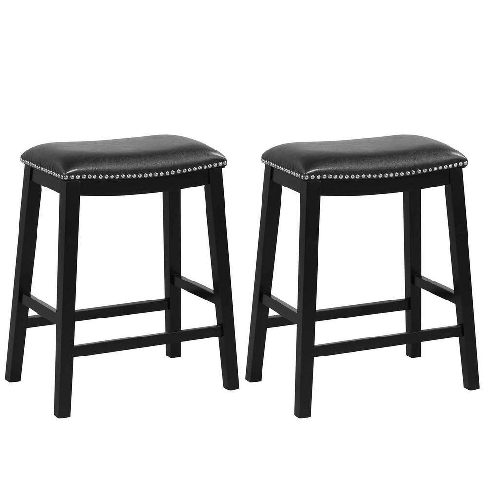 Costway 26 in. Black Wood Bar Stool Counter Height Saddle Stools with ...