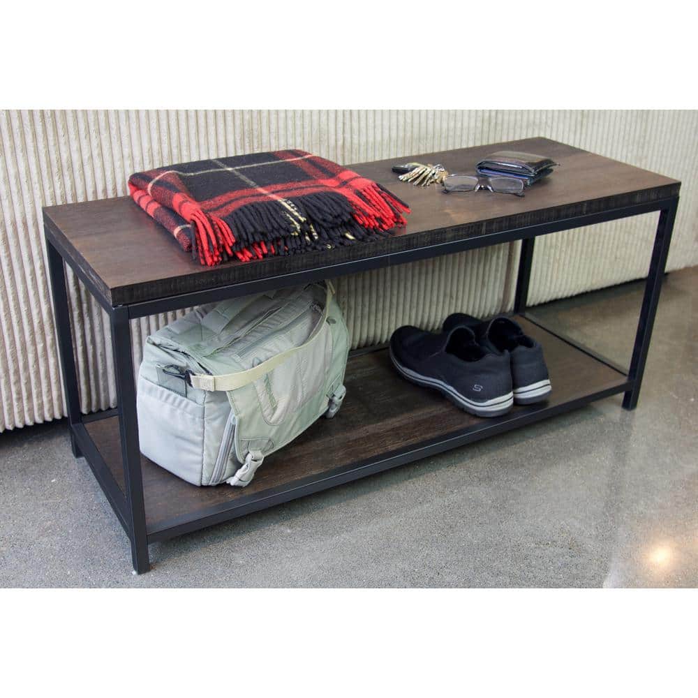 Modern Brushed Brown Bamboo & Matte Black Steel Console Bench with Storage