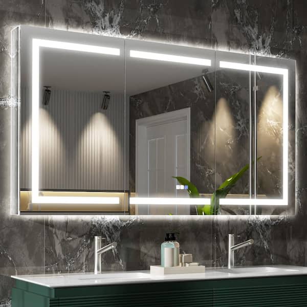 AZDHOME 66 in. W x 36 in. H Rectangular Silver Aluminum Recessed/Surface Mount LED Medicine Cabinet with Mirror, GFCI Power-Off