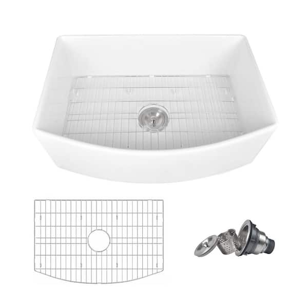 Fireclay 30 in. Single Bowl Farmhouse Apron Front Curved Kitchen Sink with Sink Grid and Basket Strainer