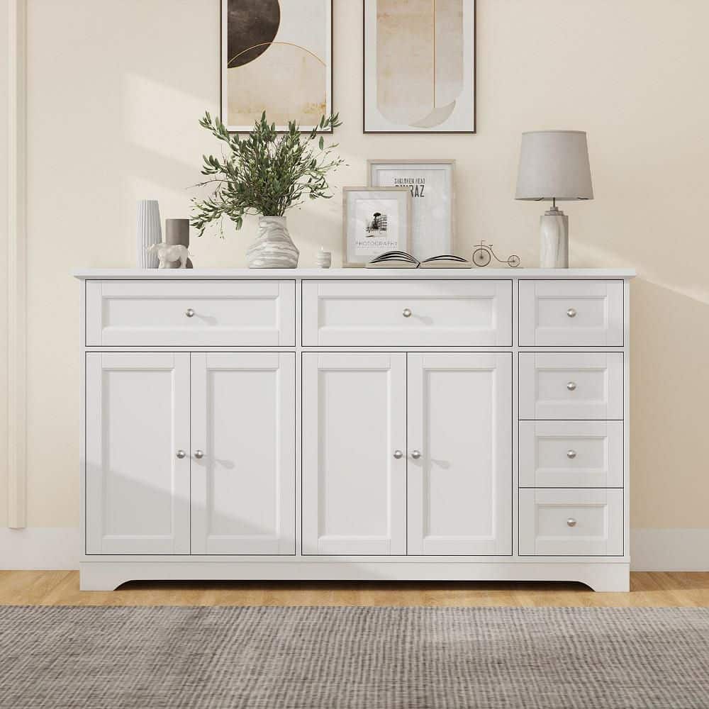 Gymax White 59'' MDF Large Storage Cabinet Buffet Sideboard w/ 4