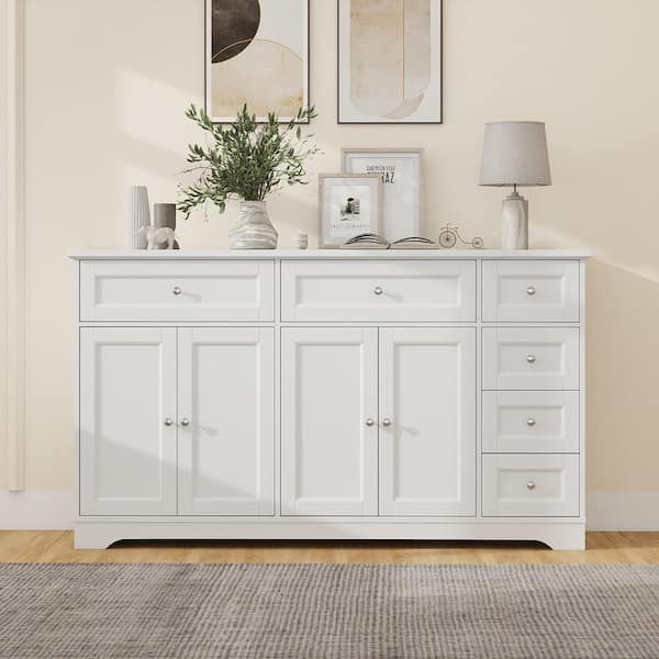 White 59'' MDF Large Storage Cabinet Buffet Sideboard w/ 4 Doors & 6 Drawers White