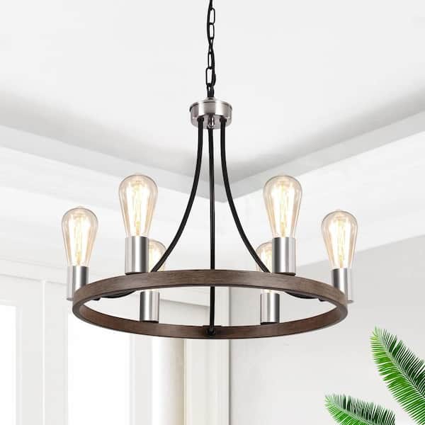 LWYTJO Romyn 6 Light Black/Brown/Silver Farmhouse Wagon Wheel Chandelier for Kitchen Island Dining Room Living Room Foyer