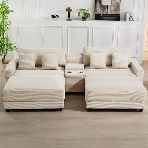 Laibai 111.81 in. Square Arm Velvet Modular 4-Piece Modern Beige Sofa with Cup Holder and Ottoman