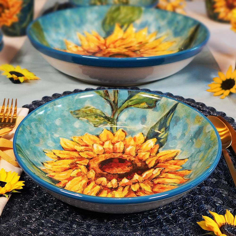 Golden Sunflower Blue Ceramic Soup and Salad Bowls Set
