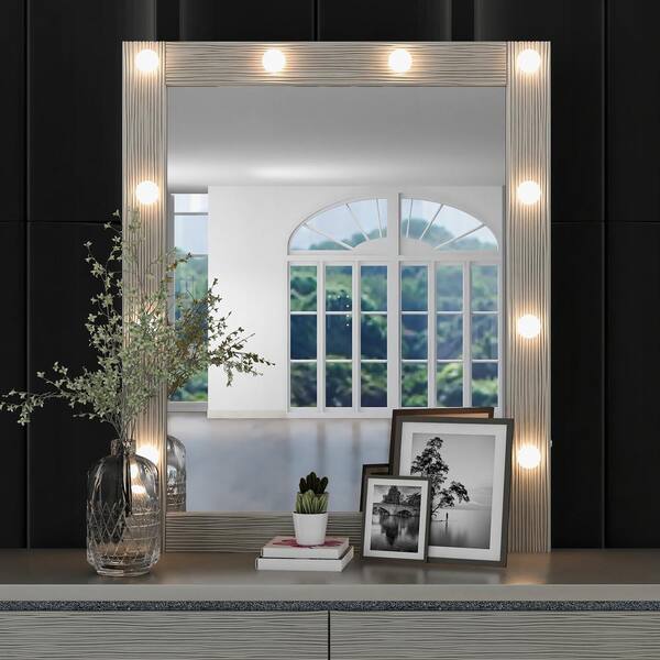 28.9 in. W x 35.2 in. H Rectangular Freestanding Bathroom Makeup Mirror in Champagne Silver with LED Lights
