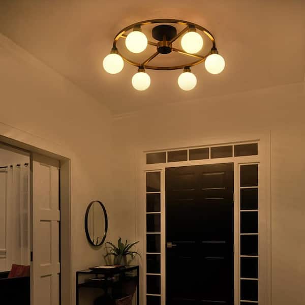 Mid Century Modern 6-Light Gold Semi Flush Mount Ceiling Light Sputnik Chandeliers with Milk Glass Ball Chandelier