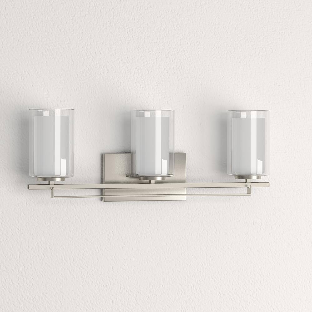 Transitional Etched White Glass & Brushed Nickel 3-Light Bath Bar