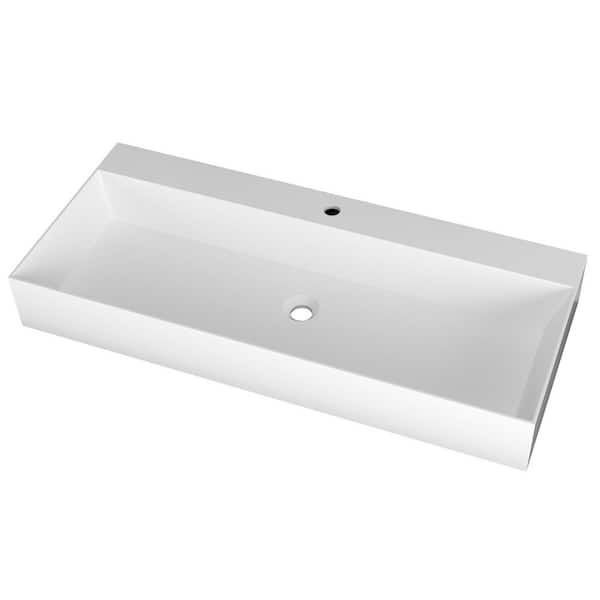 48 in. x 18 in. Matte White Wall-Mount Rectangular Solid Surface Bathroom Sink with Pop-up Drain and Faucet Hole