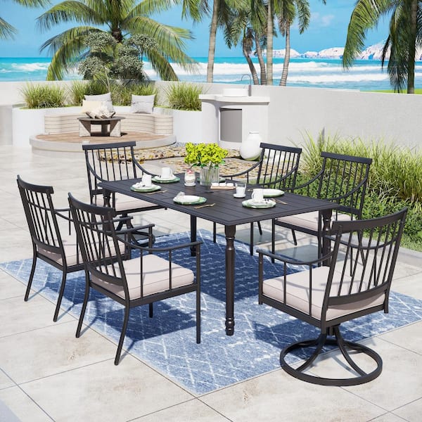 PHI VILLA 7-Piece Metal Rectangular Patio Outdoor Dining Set with Beige Cushions