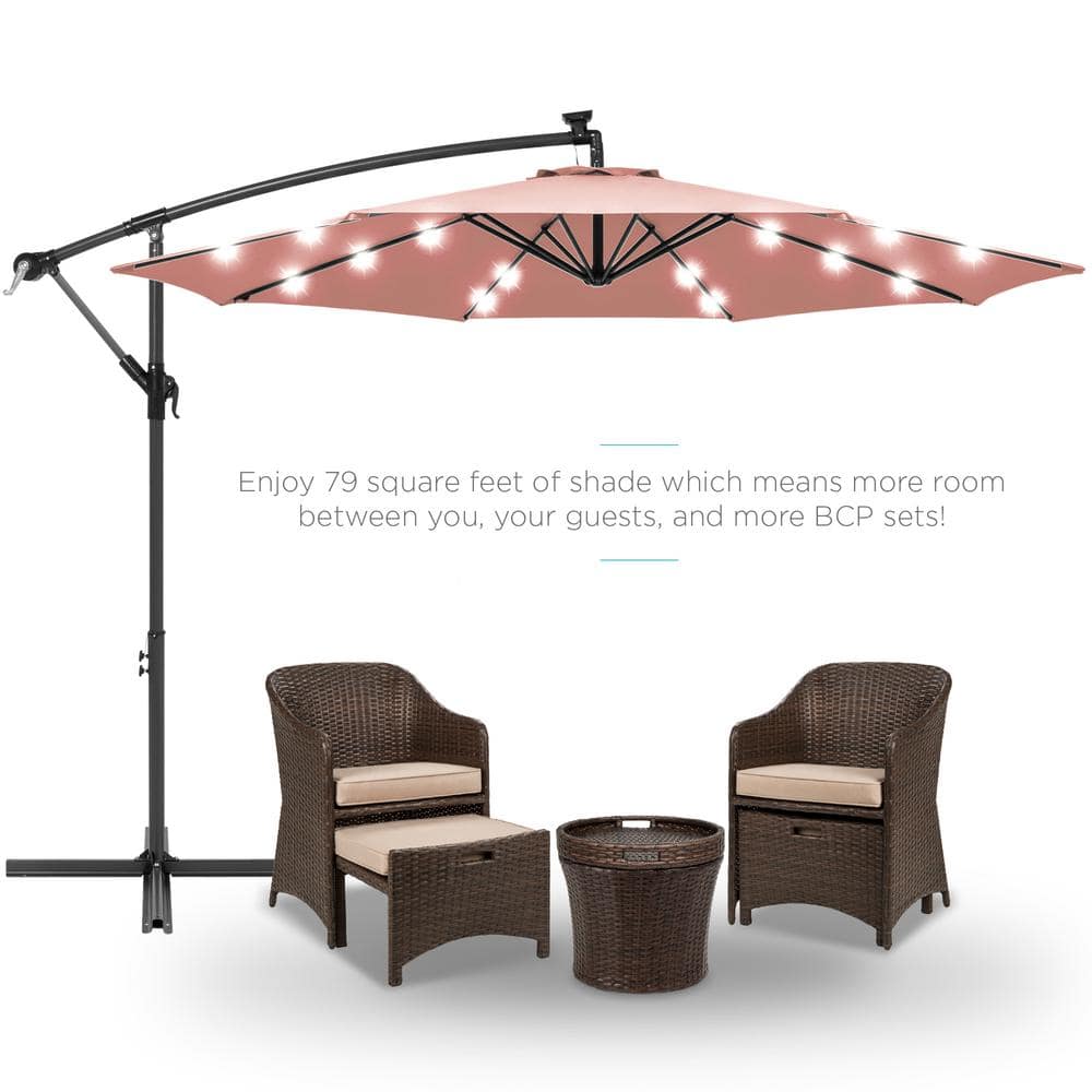 Rose Quartz 10ft Solar LED Offset Hanging Patio Umbrella with Adjustable Tilt