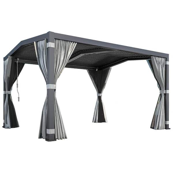 11 ft. x 13 ft. Louvered Pergola with Adjustable Rainproof Roof, Wood Grain Outdoor Aluminum Pergola for Patio, Black