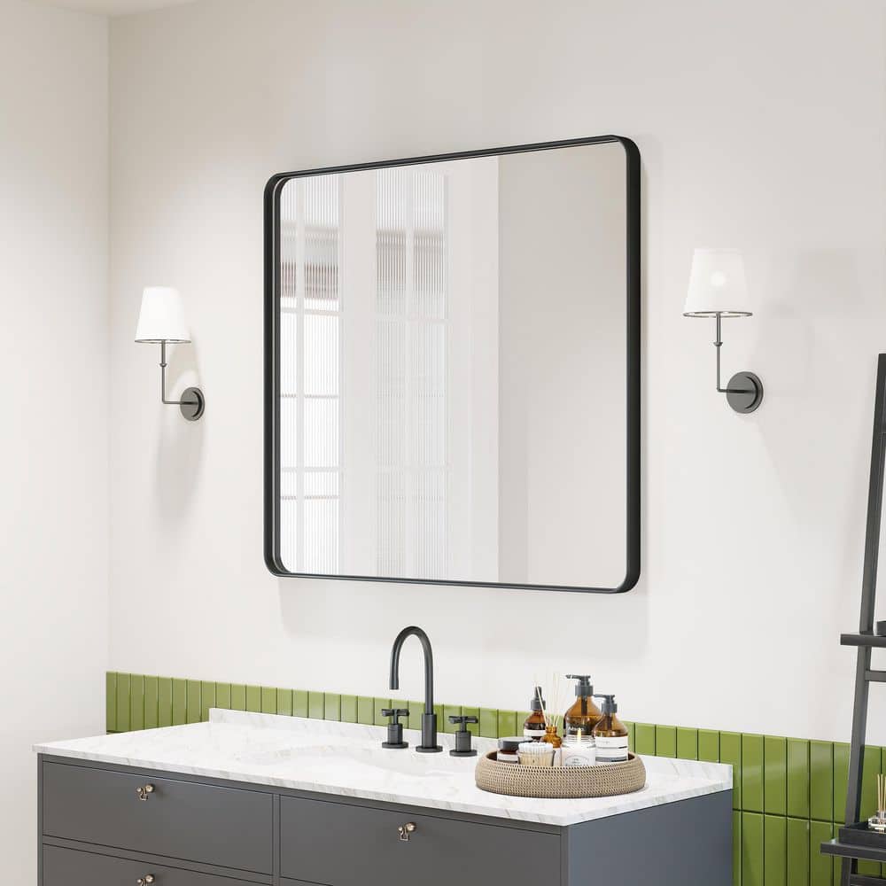 40 in. W x 36 in. H Rectangular Aluminum Framed Modern Black Rounded Wall Mirror price history on PriceWatchPro